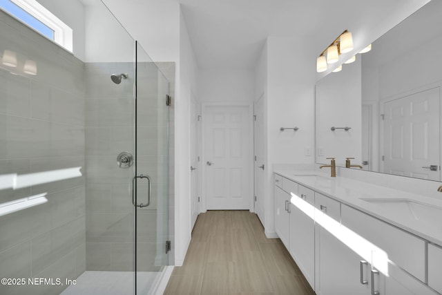 bathroom with vanity and a shower with shower door