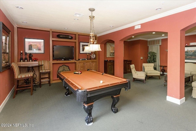 playroom featuring arched walkways, pool table, visible vents, carpet, and crown molding