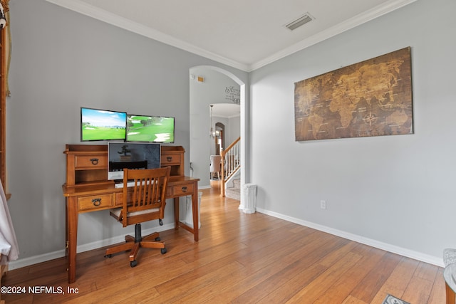 office featuring crown molding and light wood-type flooring