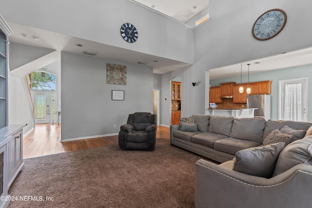 living room featuring light hardwood / wood-style flooring and a high ceiling