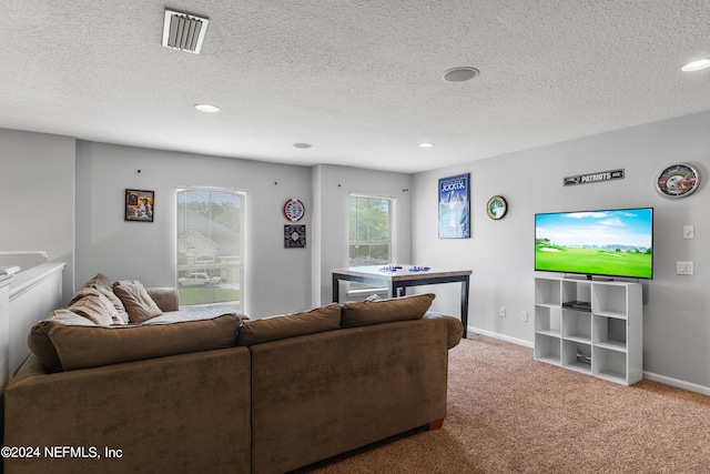 living room featuring carpet flooring and a textured ceiling