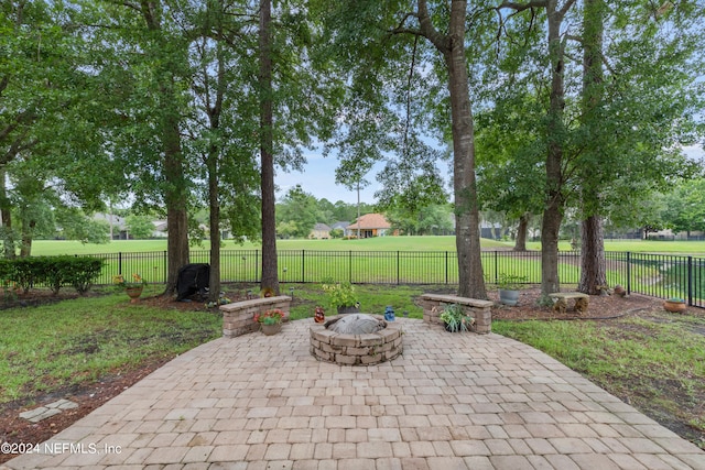 view of patio / terrace with a fire pit