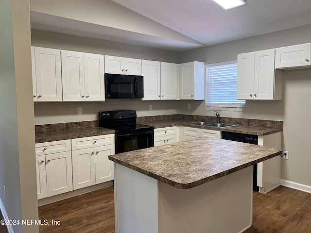 kitchen with white cabinets, sink, lofted ceiling, and black appliances