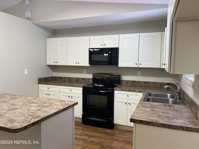 kitchen with black appliances, white cabinets, sink, and dark wood-type flooring