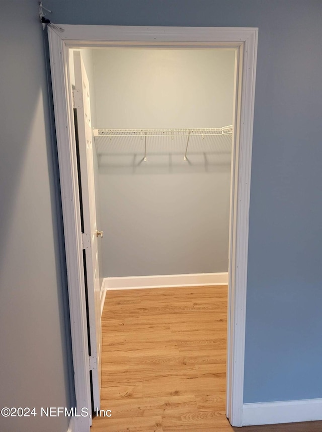 walk in closet with wood finished floors