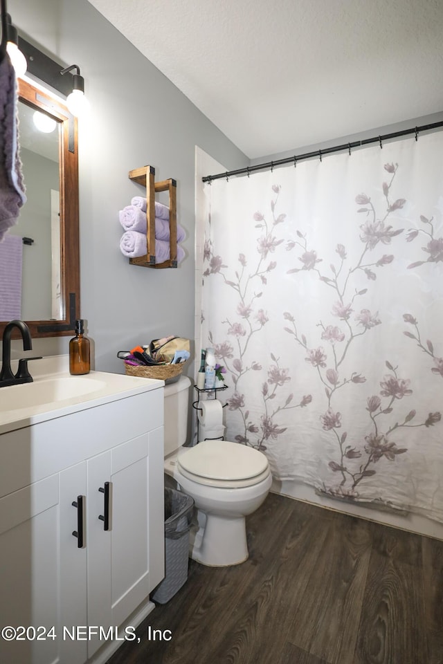 bathroom featuring a shower with curtain, vanity, toilet, and wood-type flooring