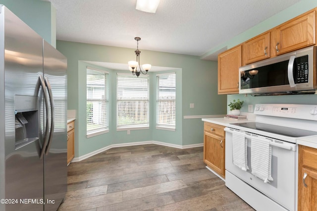 kitchen with light wood-type flooring, a textured ceiling, hanging light fixtures, stainless steel appliances, and a chandelier