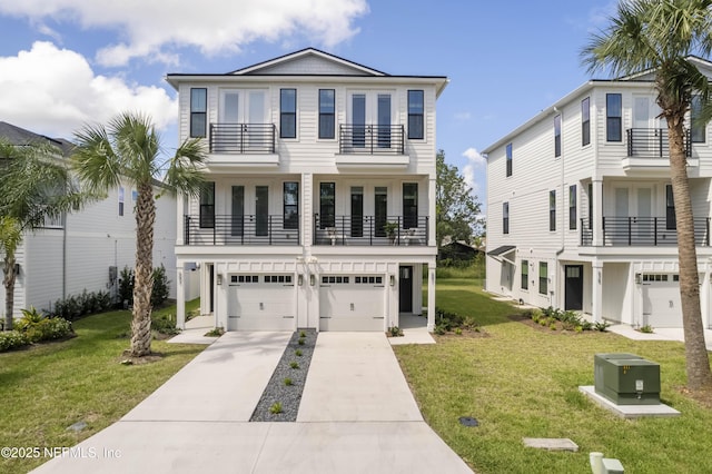 view of front of house featuring a balcony, a garage, and a front lawn