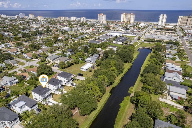 aerial view featuring a water view