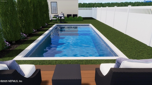 view of swimming pool with a deck and a lawn