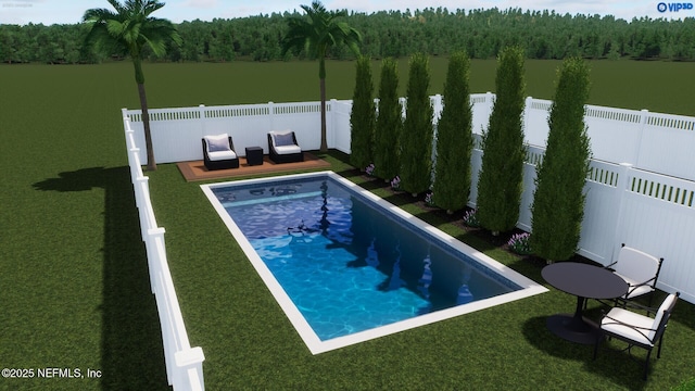 view of pool with a lawn and a water view