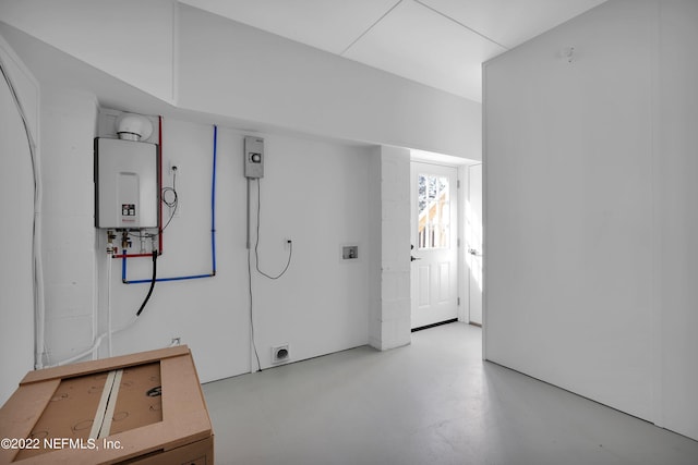 basement with tankless water heater