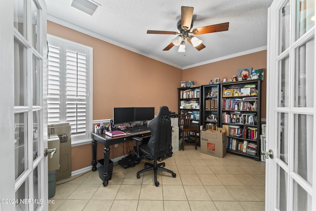 office area with crown molding, light tile patterned flooring, french doors, and ceiling fan