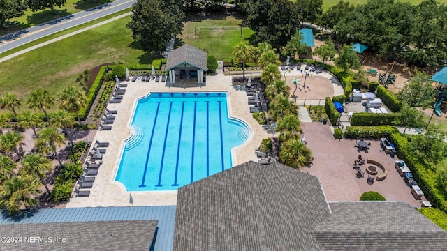 view of swimming pool with a patio area, a gazebo, and a yard