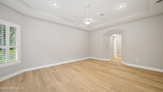 spare room featuring light wood-type flooring, a tray ceiling, and plenty of natural light