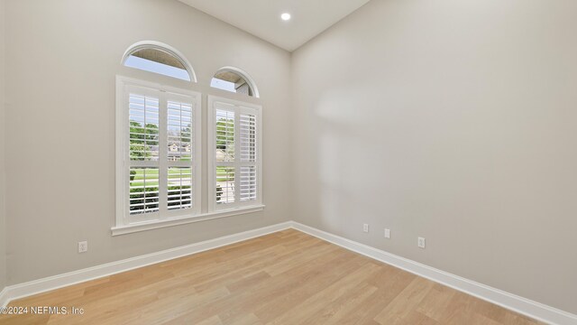 empty room with plenty of natural light, light hardwood / wood-style floors, and lofted ceiling