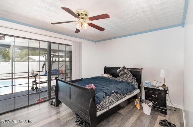 7812 Spanish Oaks Dr, Jacksonville, FL 32221 - bedroom featuring ornamental molding, ceiling fan, a textured ceiling, and wood finished floors