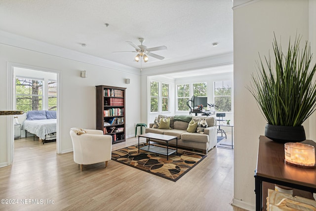 living room with ceiling fan, a textured ceiling, light hardwood / wood-style flooring, and ornamental molding