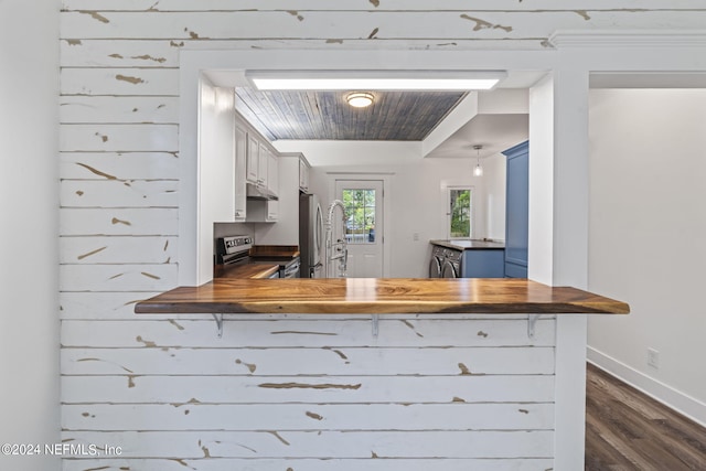 kitchen with a peninsula, blue cabinetry, butcher block counters, and appliances with stainless steel finishes