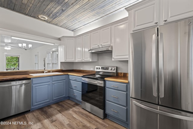 kitchen with appliances with stainless steel finishes, white cabinets, and wood counters