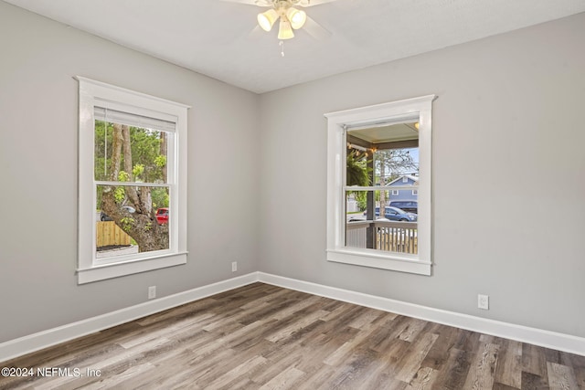 spare room featuring a healthy amount of sunlight, baseboards, and wood finished floors