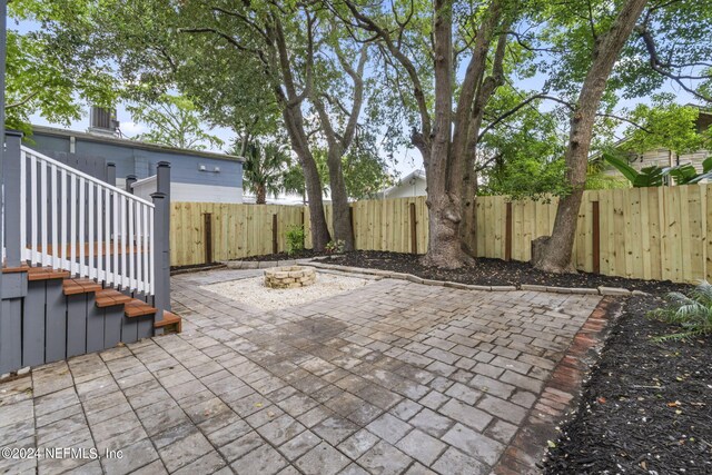 view of patio / terrace featuring an outdoor fire pit and a fenced backyard