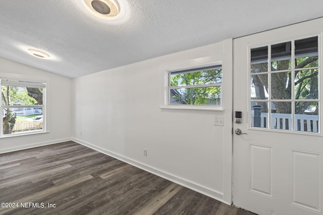 interior space featuring lofted ceiling, dark wood finished floors, a textured ceiling, and baseboards