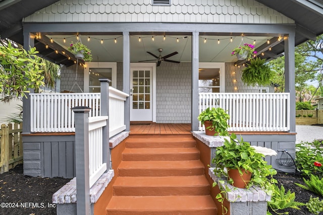 entrance to property featuring ceiling fan