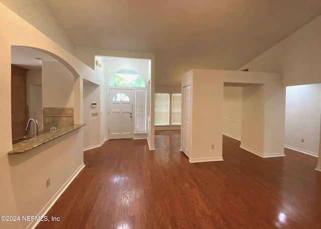 foyer entrance with sink and dark wood-type flooring