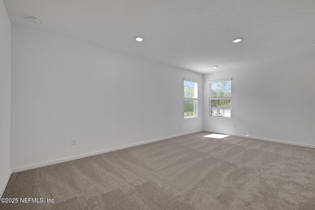 empty room with light colored carpet and a textured ceiling