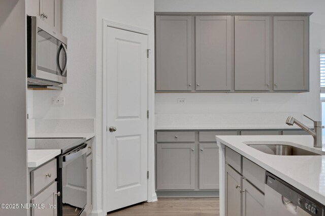 kitchen featuring light hardwood / wood-style floors, appliances with stainless steel finishes, gray cabinets, and sink