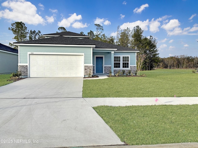 view of front facade with stone siding, an attached garage, driveway, and a front lawn