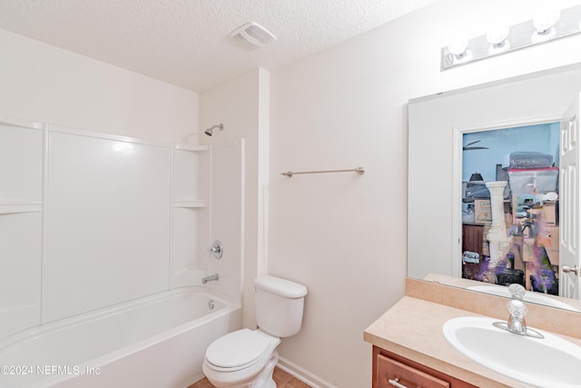 full bath featuring bathtub / shower combination, visible vents, toilet, a textured ceiling, and vanity