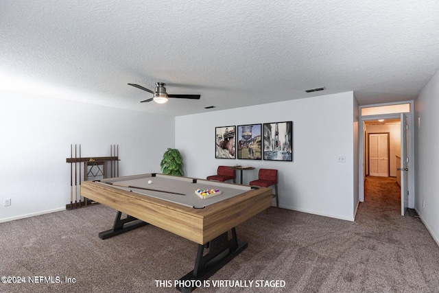 rec room with billiards, visible vents, baseboards, ceiling fan, and carpet floors