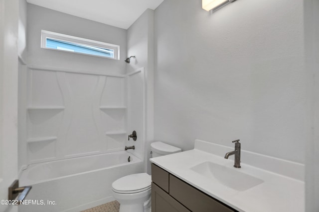 full bathroom with toilet, vanity, and shower / bathtub combination