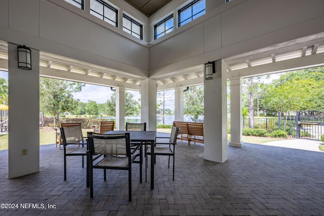 view of patio / terrace featuring a water view