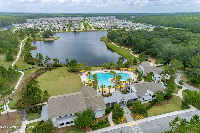 drone / aerial view with a water view