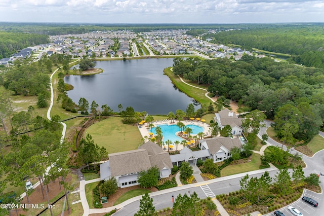 aerial view featuring a water view