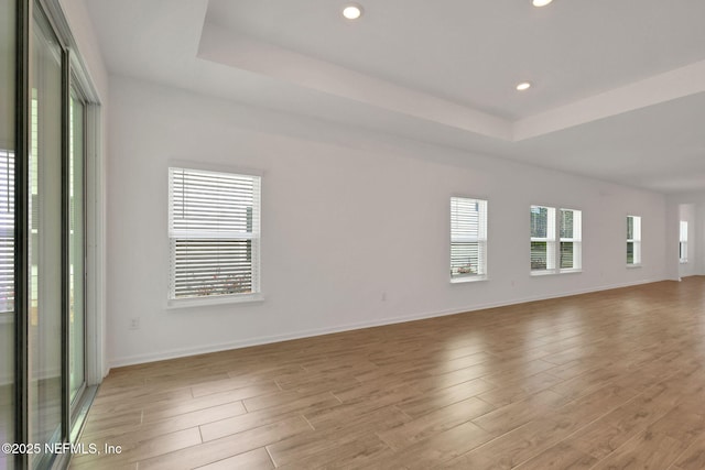 unfurnished room with a raised ceiling and light hardwood / wood-style floors