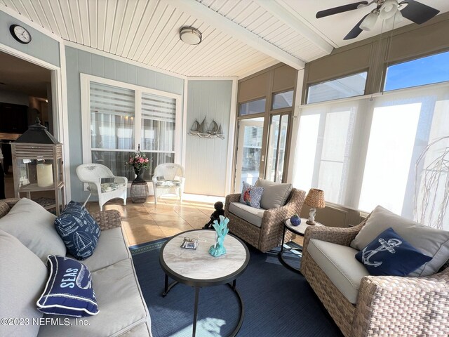 sunroom with beam ceiling, wooden ceiling, and ceiling fan