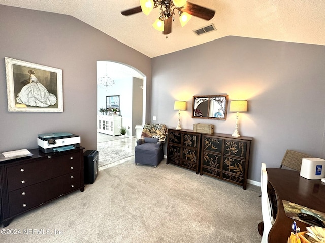 living area featuring lofted ceiling, light carpet, visible vents, and arched walkways