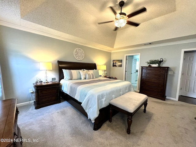 bedroom with crown molding, a raised ceiling, visible vents, and light colored carpet