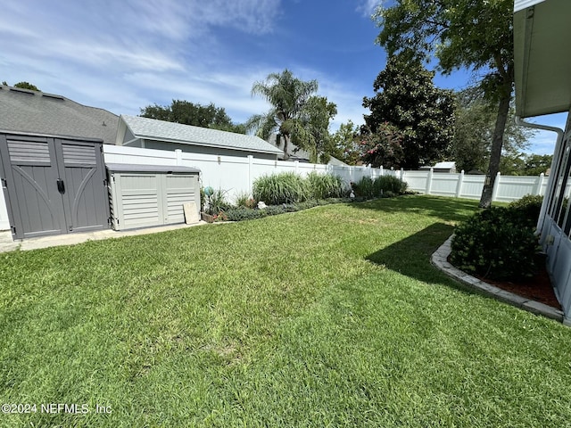 view of yard featuring an outbuilding and a fenced backyard