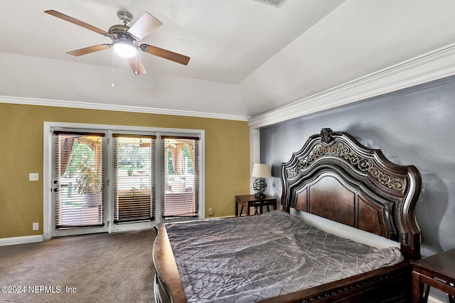 bedroom featuring access to outside, vaulted ceiling, ceiling fan, ornamental molding, and carpet floors