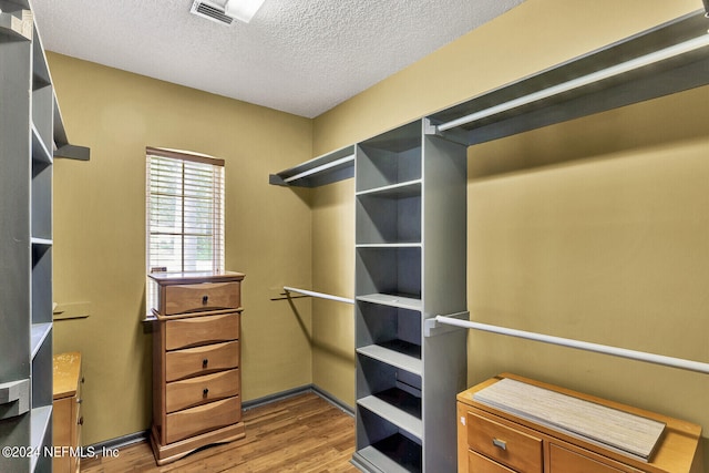 walk in closet with light hardwood / wood-style floors