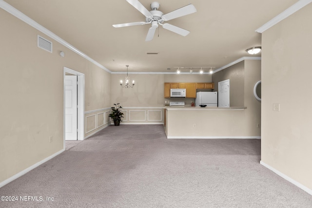 unfurnished living room with ceiling fan with notable chandelier, light colored carpet, rail lighting, and crown molding