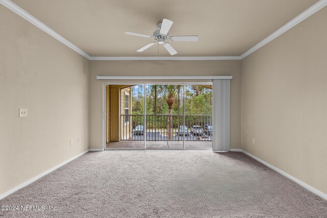 unfurnished room with carpet flooring, ceiling fan, and ornamental molding