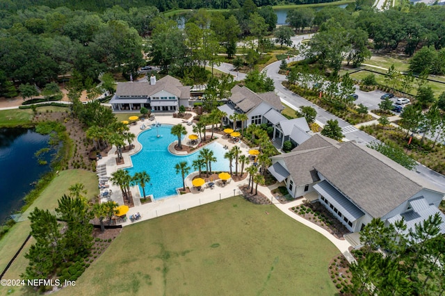 aerial view featuring a water view