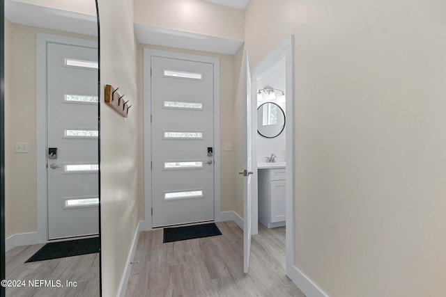 doorway with light hardwood / wood-style flooring, a healthy amount of sunlight, and sink