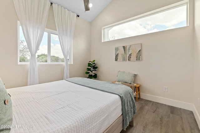 bedroom with lofted ceiling, hardwood / wood-style flooring, and multiple windows